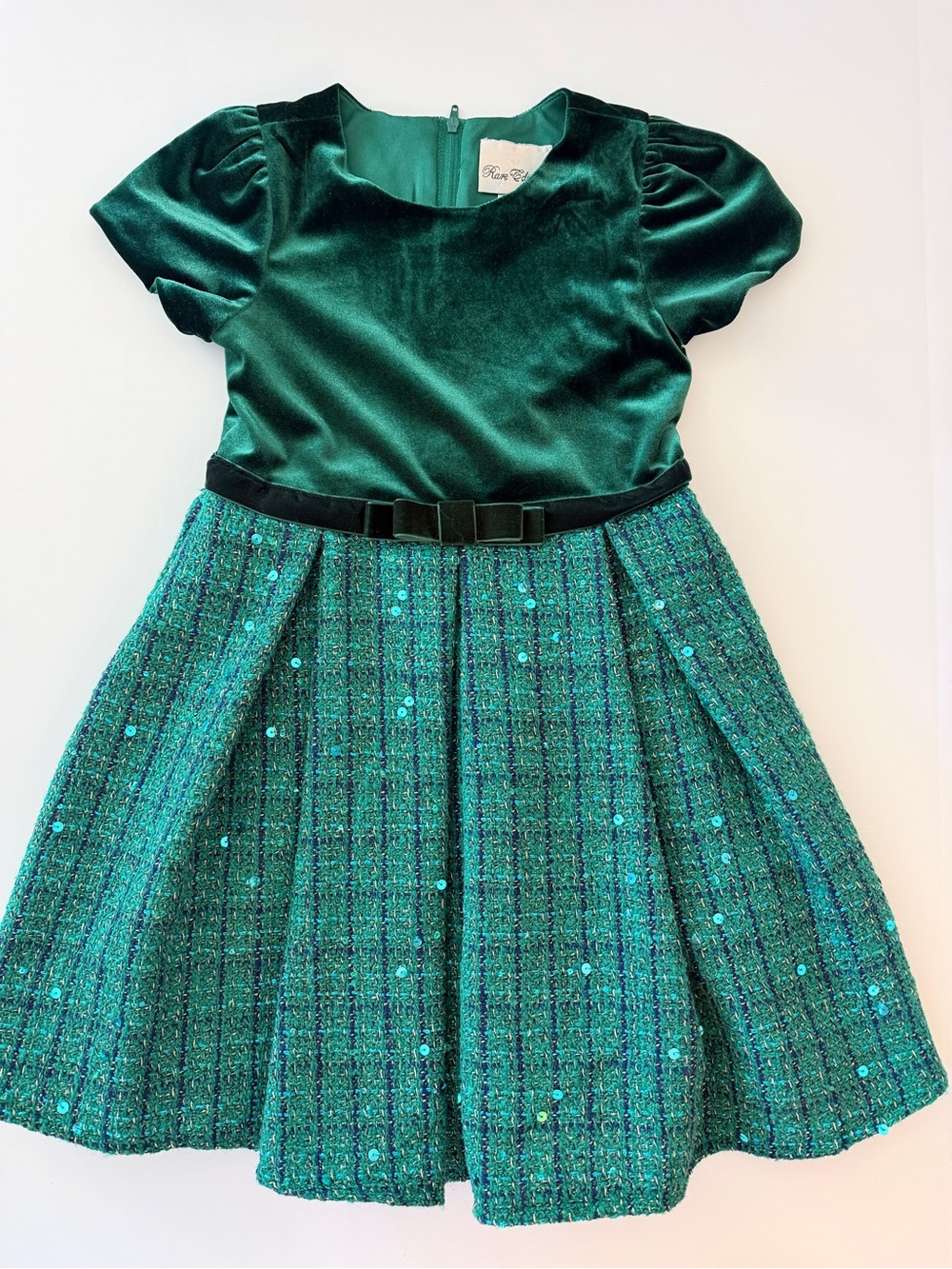 Emerald Green Velvet & Tweed Sequin Party Dress